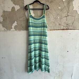 Coastal Boho Crochet Midi Dress Aquatic Stripe Knit Resort Style Size XL